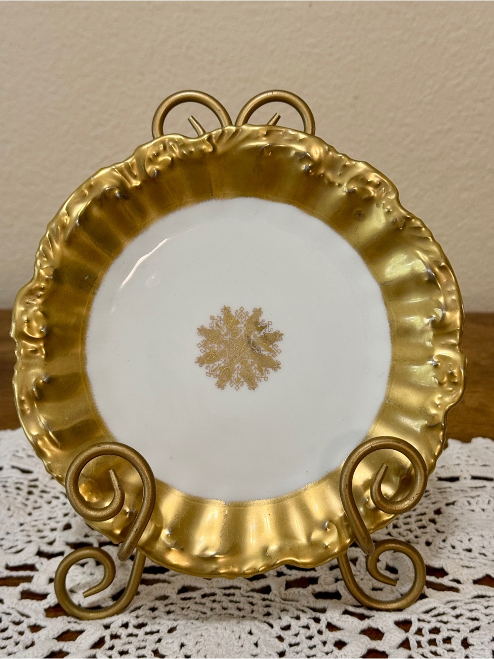 Antique LS&S Limoges Coiffe 7.25” Gold Snowflake Gilt Plate France